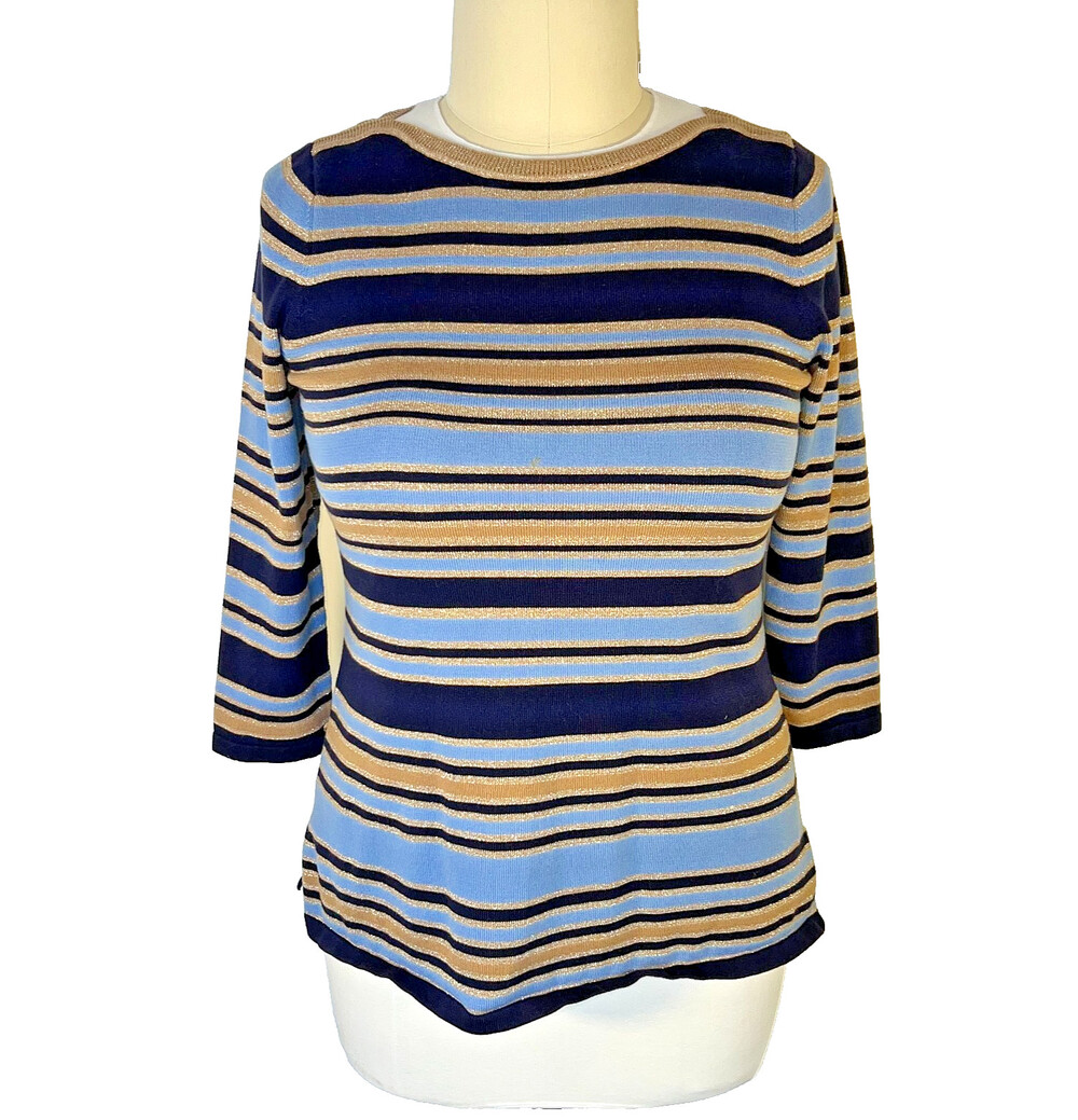 Jones NY Womens XL Sweater Navy, Gold, Light Blue Stripe Boat Neck 3/4 Sleeve